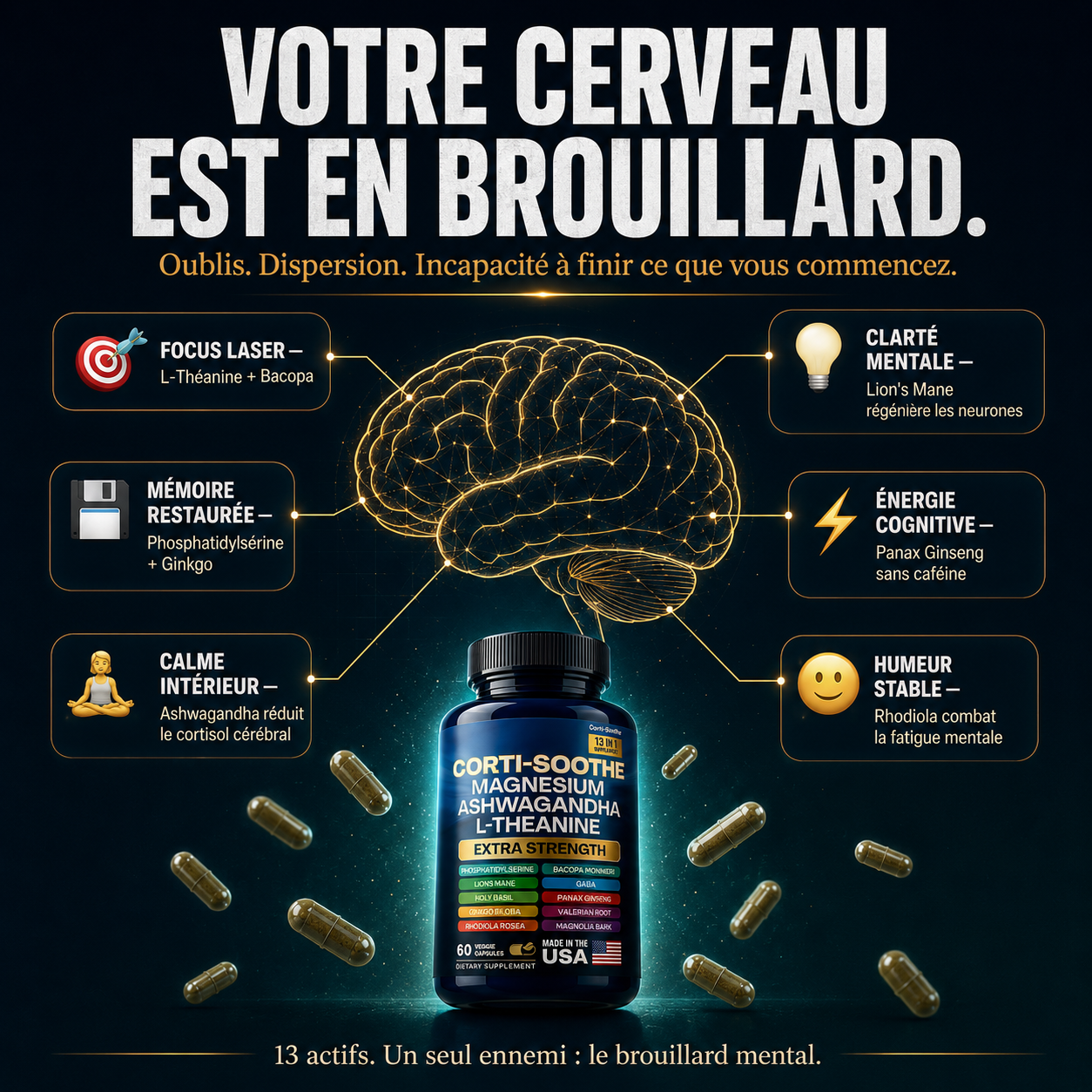 Corti-Soothe 13-en-1 — Focus · Relaxation · Contrôle du Stress — Extra Strength