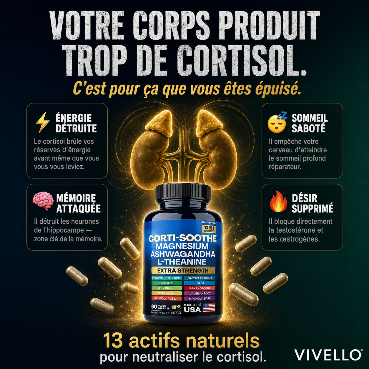 Corti-Soothe 13-en-1 — Focus · Relaxation · Contrôle du Stress — Extra Strength