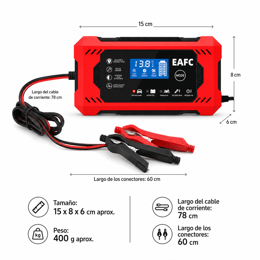 Cargador de Batería Inteligente 12V — Recupera Baterías Descargadas en Minutos